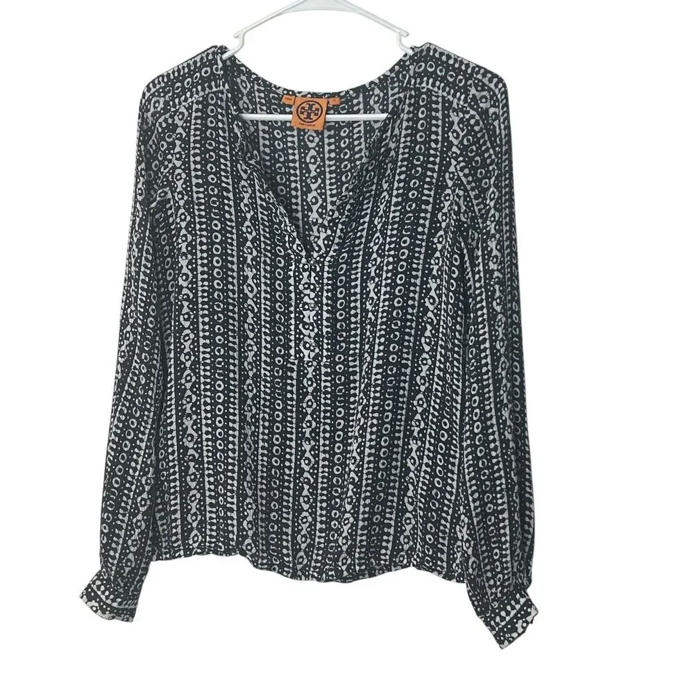 Tory Burch Women's Blouse 100%‎ Silk Long Sleeve Black White Print Top Size 2